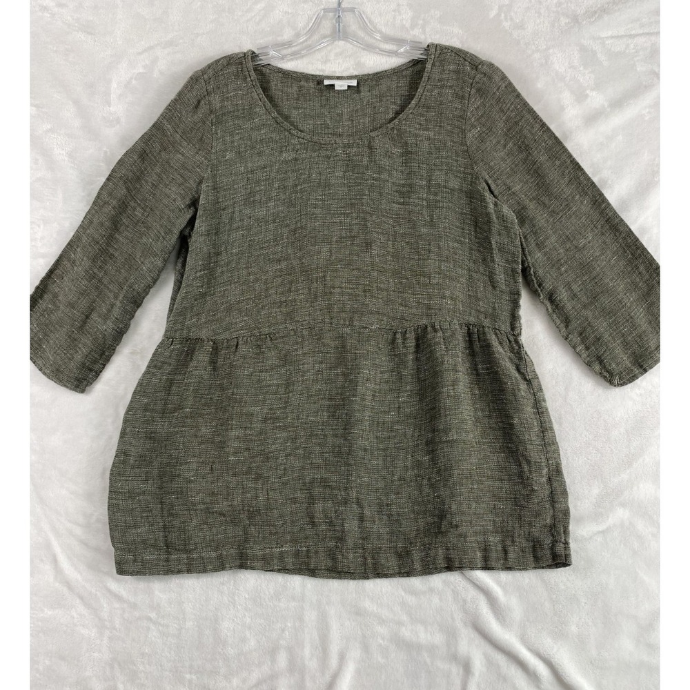 J.Jill PureJill Linen Blouse Top Women Sz S Green/Gray Linen Blend Coastal Lagen